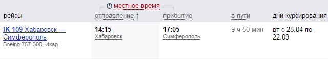 Справочное расписание полетов по маршруту Хабаровск - Крым (Симферополь)
